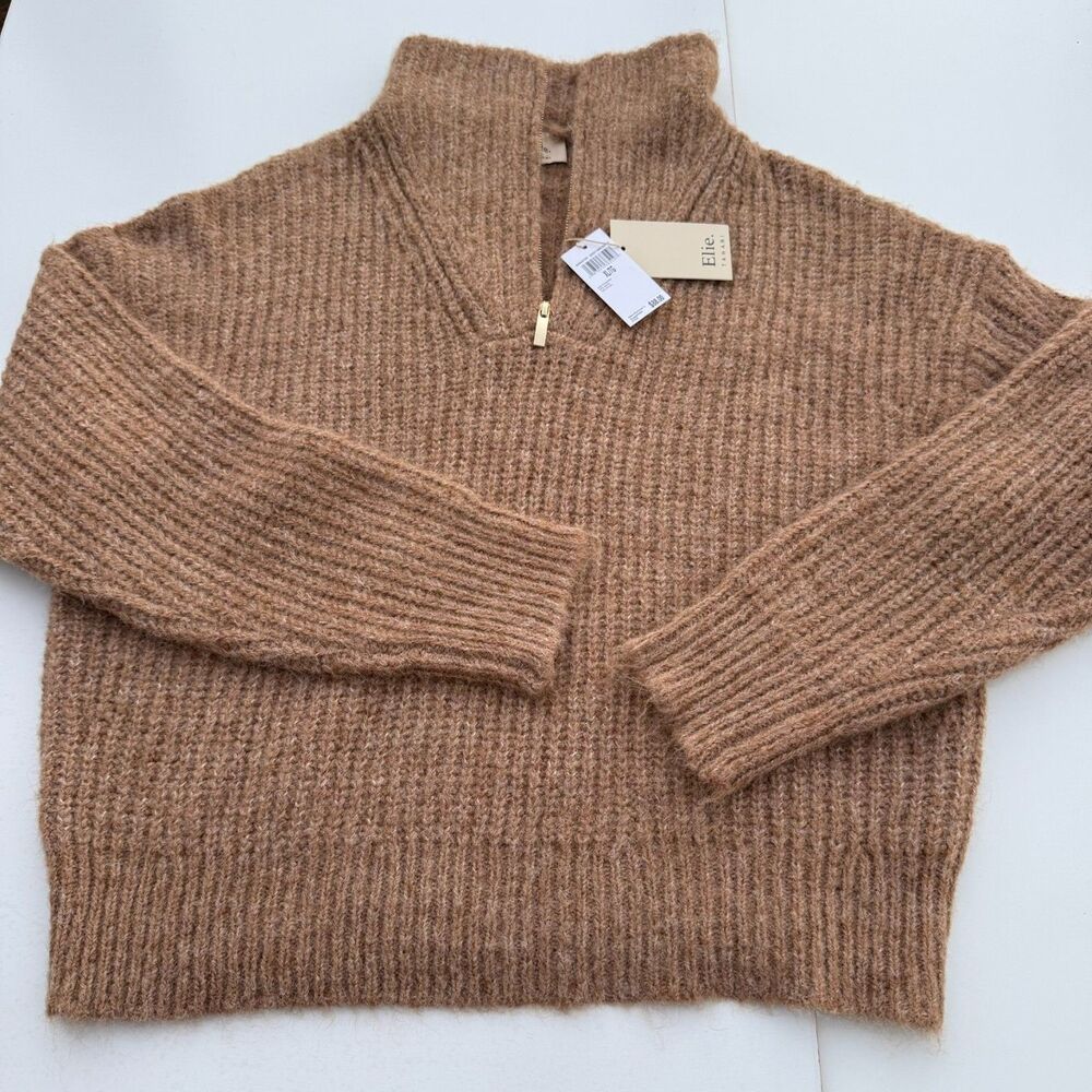 Elie Tahari Grizzly Fuzzy Quarter Zip Sweater Camel Heather Women’s XL NWT